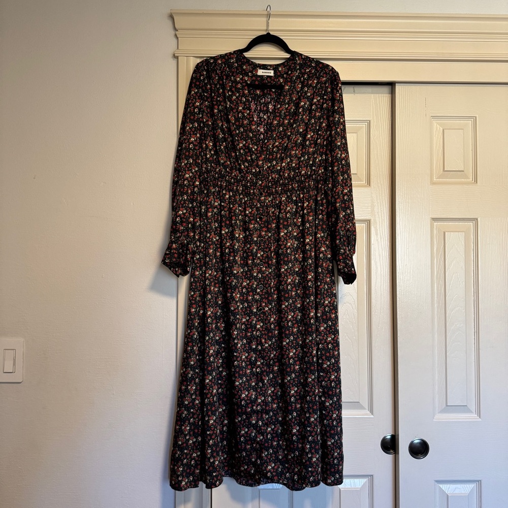 Sandro gathered floral print twill shirt dress